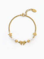 Melviana Bow Pearl 18K Gold Plated Charm Chain Bracelet