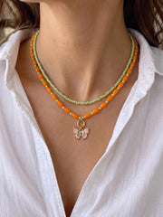 Isla Butterfly Orange - Lime Green Women’s Layered Beaded Necklace