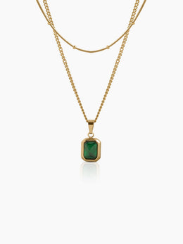 Lavena Green Stone 18K Gold Plated Layered Necklace