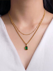 Lavena Green Stone 18K Gold Plated Layered Necklace
