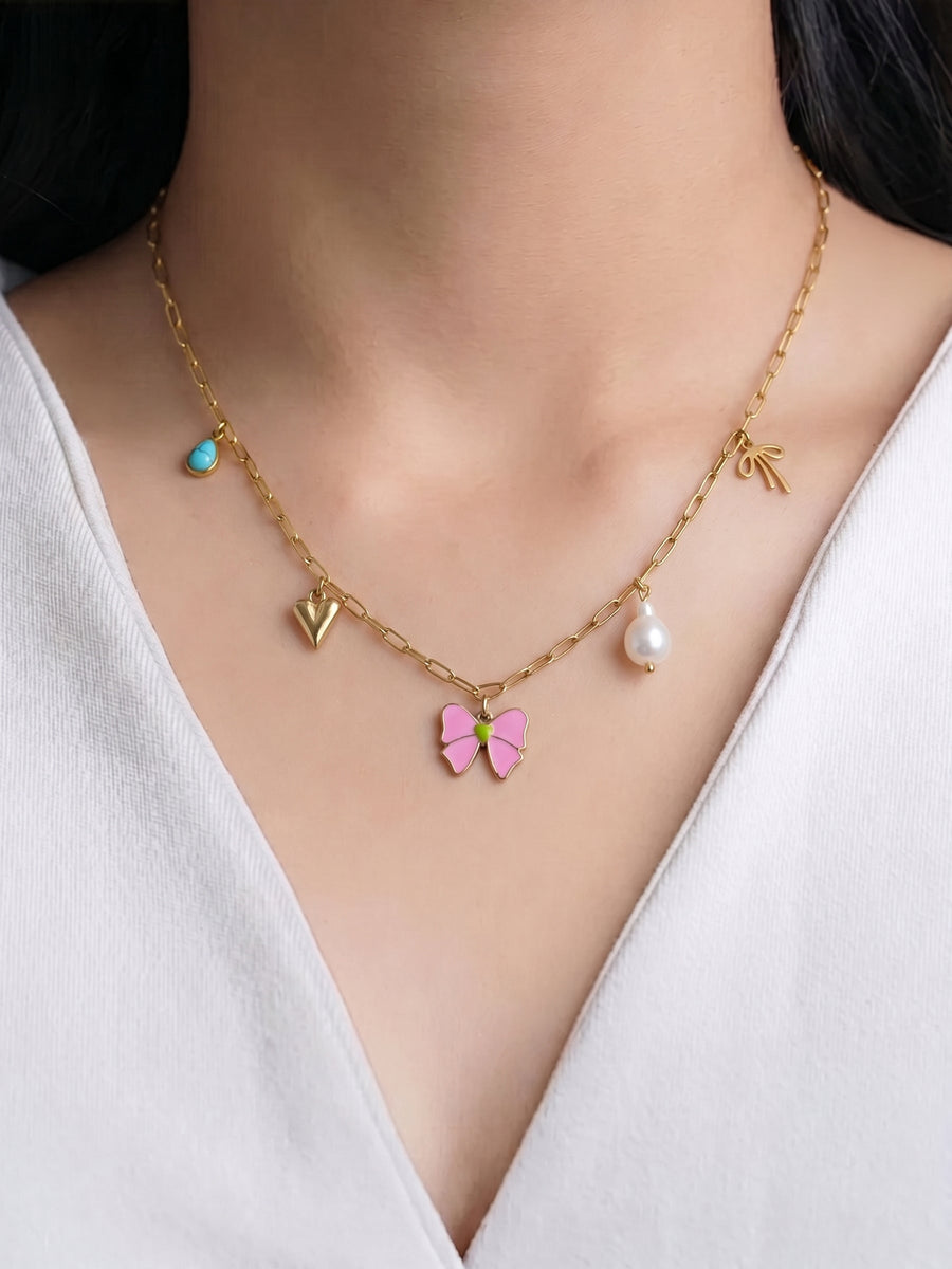 Maribel Bow Pearl Charms Necklace
