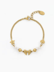 Melviana Bow Pearl 18K Gold Plated Charm Chain Bracelet